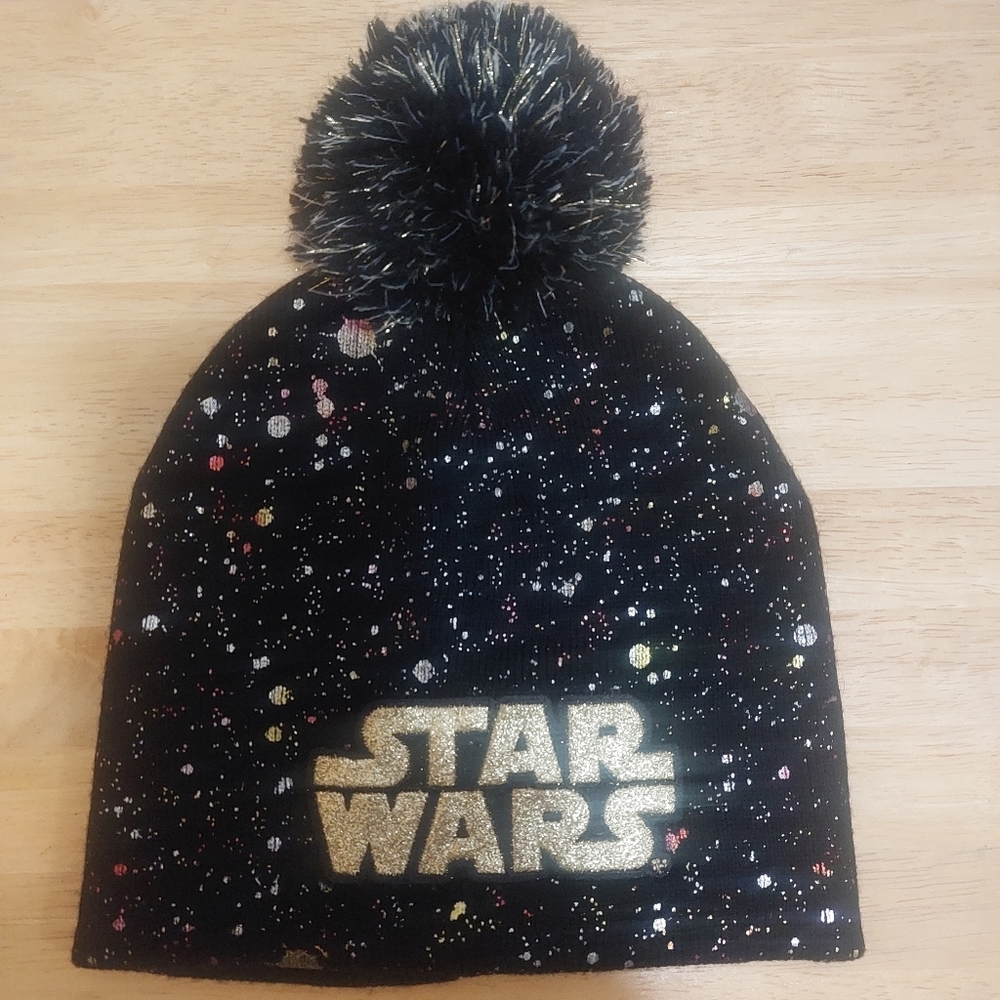 Disney Star Wars Sparkle Splatter Paint Beanie Hat Pom Pom One Size Girls